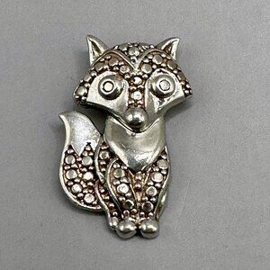 Pave Sitting Fox Slide Pendant Diamond Accent Signed FAS 925 Sterling Silver